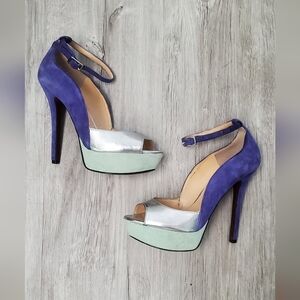 Elanzo Angiolini Takeko Purple Silver Mint Ankle Platform Stiletto Suede Heels 6